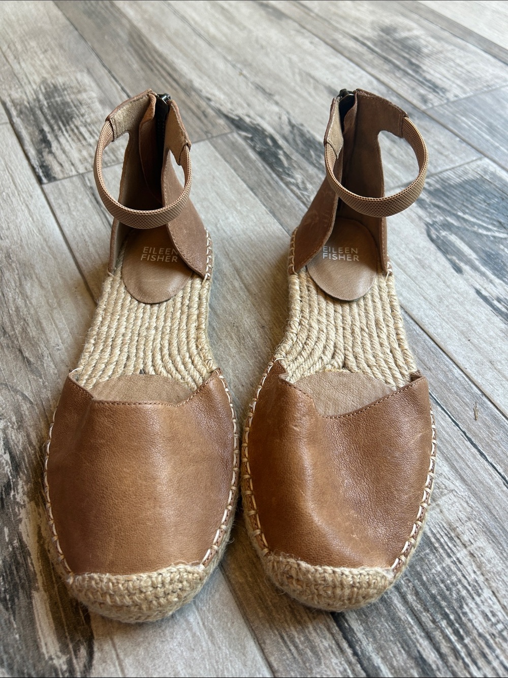 Eileen Fisher Tan Leather Espadrille Sandals with Ankle Strap size 7